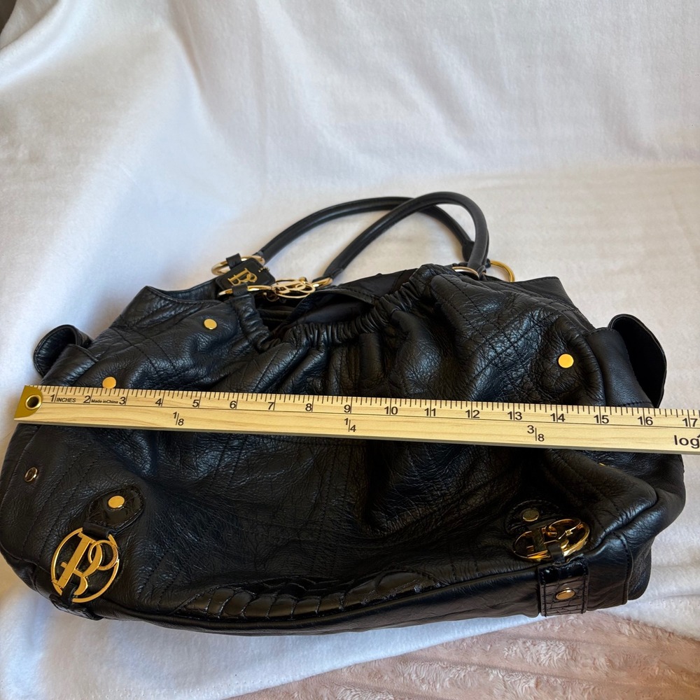 Bolzano Black Pebbled Leather Satchel Bag Gold Hardware Croc Trim Shoulder Bag - Picture 6 of 8